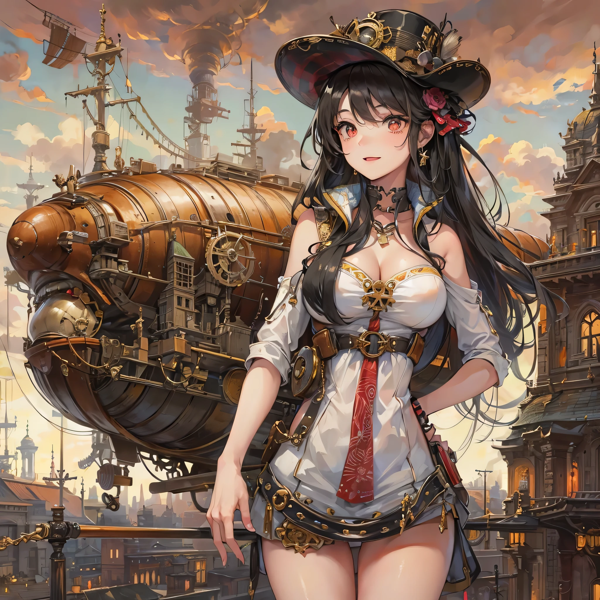 perfect anatomy, masterpiece:1.4, best highres, 16k, (detailed mechanical:1.4 city, filled with steam:1.3) (in the steampunk:1.5 city), ((the background biggest Mechanical airship)), break, (traveller style)
(from-side profile, wide-angle:1.3) (solo:1.3 straight black hair long hair femdom cute girl), ((18 yo)), (bigboobs, detailed red eyes, love:1.2 smile), break, (in a summer elegant onepiece), (have a Travel bag).