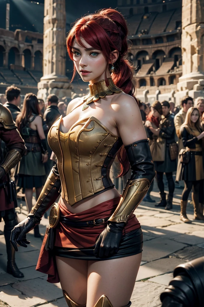 stunning girlfriend, heart shaped face, elegant face, beautiful face, highly detailed face, highly detailed skin, skin pores, subsurface scattering, realistic pupils, full lips, detailed background, depth of field, atmospheric perspective, volumetric lighting, sharp focus, absurdres, realistic proportions, good anatomy, (realistic, hyperrealistic:1.4), 16k hdr, ((best quality)), ((highly detailed)), absurdres, (detailed eyes, deep eyes), (1girl), full body, pyrrha nikos, rwby, red hair, ponytail, green eyes, medium breasts, smiling, circlet, bustier, bare shoulders, skirt, elbow gloves, bracers, armored boots, (night, stars, inside Colosseum, crowd, (crowd wearing traditional Greek robes))