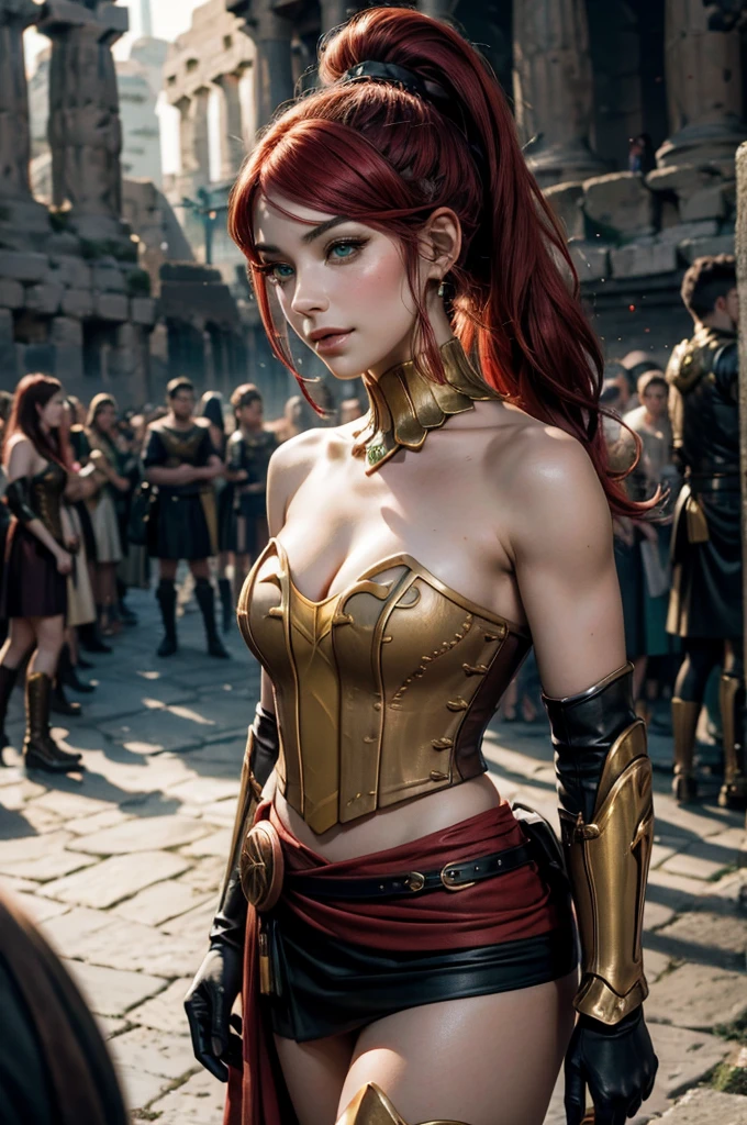 stunning girlfriend, heart shaped face, elegant face, beautiful face, highly detailed face, highly detailed skin, skin pores, subsurface scattering, realistic pupils, full lips, detailed background, depth of field, atmospheric perspective, volumetric lighting, sharp focus, absurdres, realistic proportions, good anatomy, (realistic, hyperrealistic:1.4), 16k hdr, ((best quality)), ((highly detailed)), absurdres, (detailed eyes, deep eyes), (1girl), full body, pyrrha nikos, rwby, red hair, ponytail, green eyes, medium breasts, smiling, circlet, bustier, bare shoulders, skirt, elbow gloves, bracers, armored boots, (night, stars, inside Colosseum, crowd, (crowd wearing traditional Greek robes))