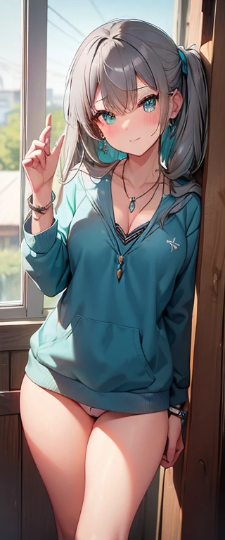 beautiful female high school student, gray hair, school-uniform : 1.3Nice Body, Accessories made of wood, Sweaty : 1.6, Turquoise eyes, necklace made of wood, bracelet made of wood, earrings made of wood, romantic updo style, Thong panties exposed,  brown skin, tanline : 1.3