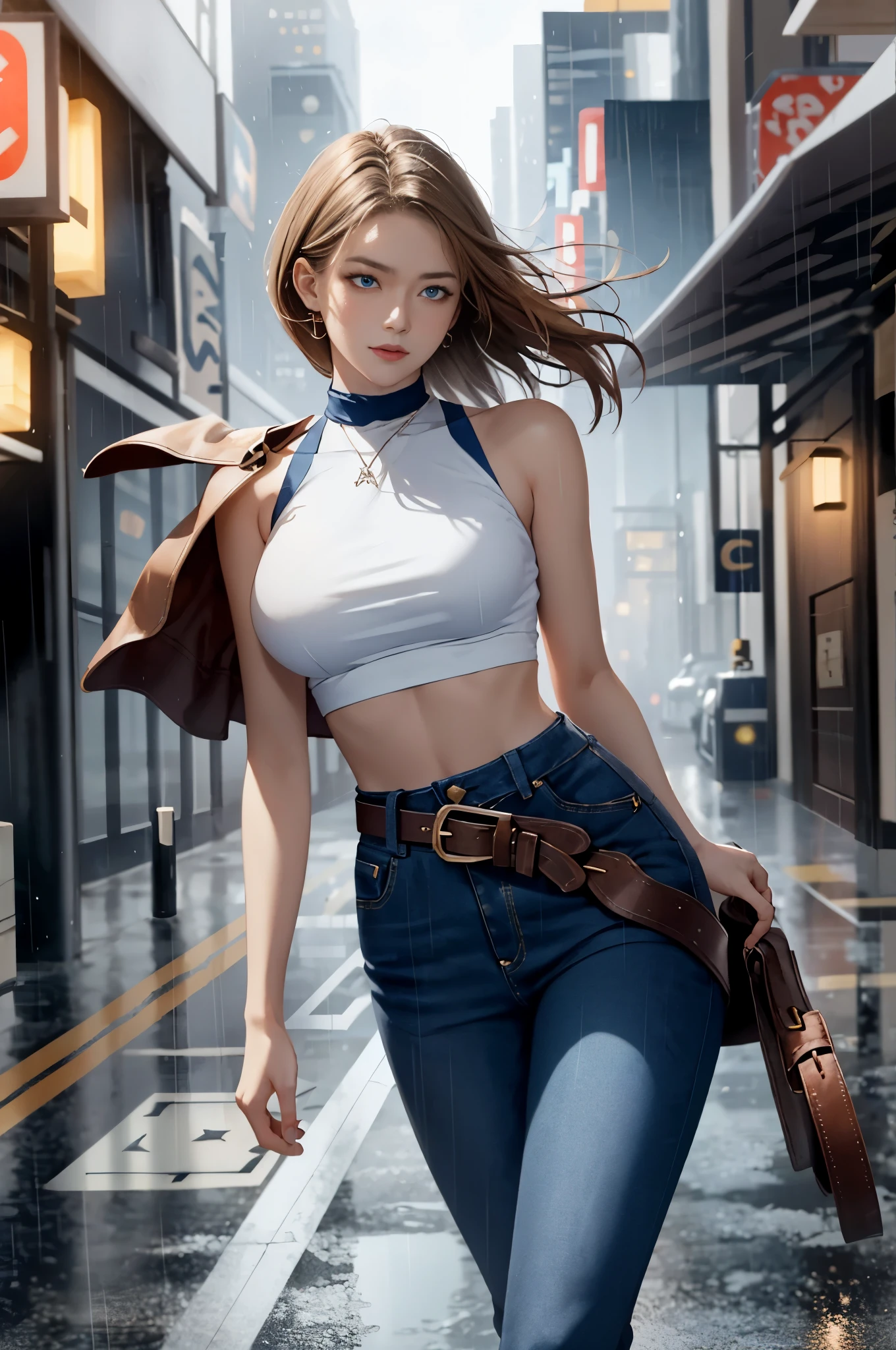 maryms, Best Quality,(beauty), 1girl,phisically-based render ,ultra highres,(cowboy shot:1.5),narrow waist, skinny, LeonaMS , big blue eyes,long legs,jeans,leather belt,big breasts,puffy eyes, leather belt,(rainy city), shiny skin, facing viewer, excited to fight