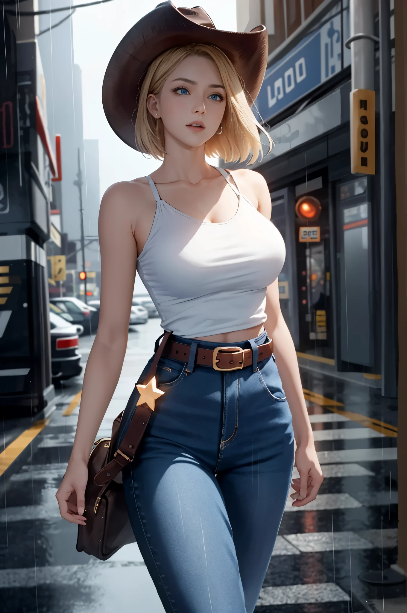 maryms, Best Quality,(beauty), 1girl,phisically-based render ,ultra highres,(cowboy shot:1.5),narrow waist, skinny, LeonaMS , big blue eyes,long legs,jeans,leather belt,big breasts,puffy eyes, leather belt,(rainy city), shiny skin, facing viewer, excited to fight