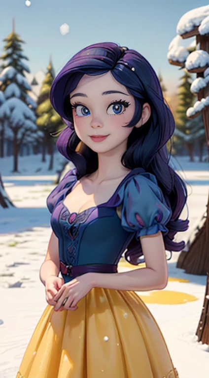 ((best quality)), ((highly detailed)), masterpiece, (detailed eyes, deep eyes), (1girl), dynamic angle, cowboy shot, mlprarity, woman, smile, looking at viewer, ((bright purple hair)), ((blue eyes)), (((wearing a snow white dress))), elegant pose, cleavage, (outdoors, forest), (((dark blue bodice, yellow dress))), woman, sexy, rosy cheeks, medium breasts