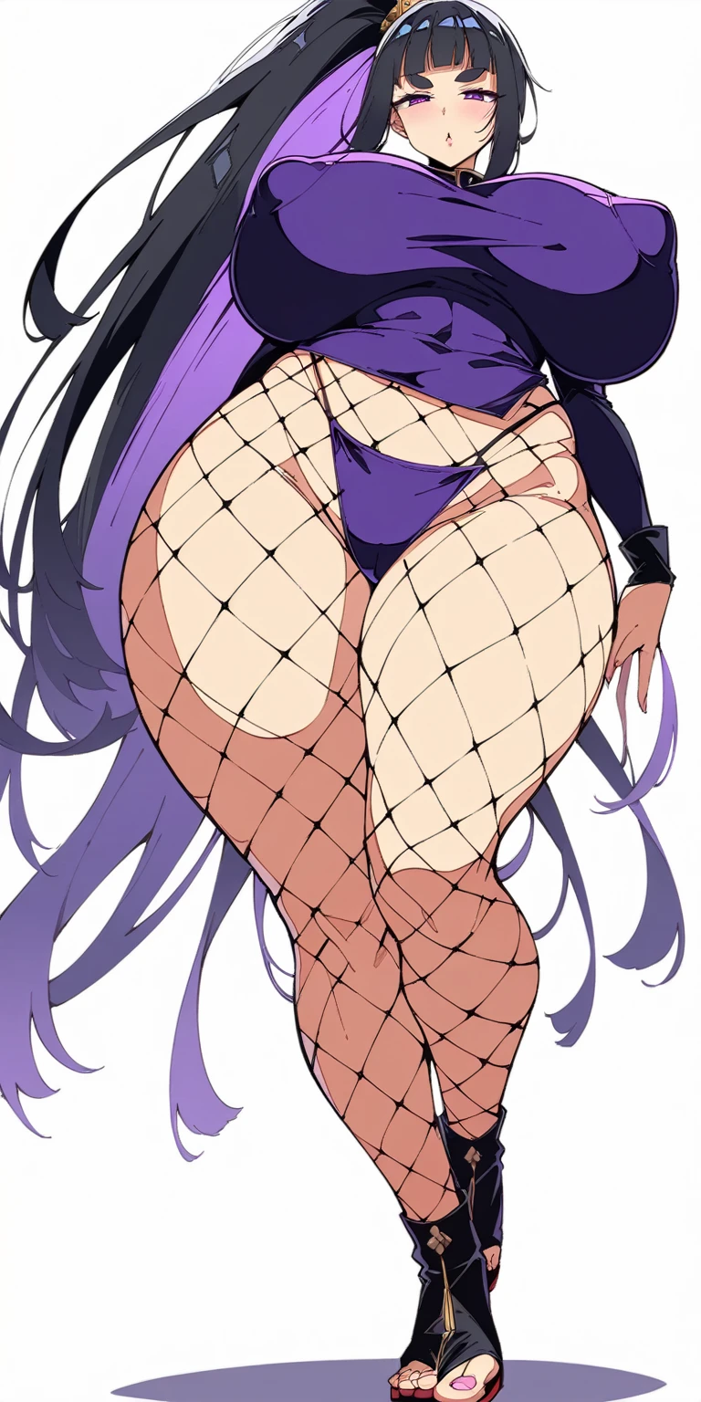 masterpiece, bestquality, ultra-detailed,
middle ages, medieval times, Medieval European fantasy,
flat design, ligne claire, (photorealistic:1.5),
cinematic lighting, depth of field,
(1girl, fullbody, looking at viewer, front view:1.5),
(very long high ponytail, Long hair ponytail that touches your feet, japanese, thick eyebrows, Navy purple ninja uniform, sarashi, fundoshi, ninja mask, Fishnet tights, Fishnet body tights, hot pants, low rise hot pants, Denim pants, jeans pants, black hair, Yamato Nadeshiko girl, bangs bangs, Cool beauty girl, angry eyes, Cold eyes, Half open eyes, half-closed eyes, Tight Mouth, wide mouth:1.3),
(gigantic saggy breasts:1.3), Clothes that are completely stuck to the chest, impossible clothes, Impossible clothing with perfectly shaped extremely gigantic puffy nipples, pawg, (thin thighs:1.7), thick calf, (slender body:1.6), thin waist, milf, mature woman, puffy lip, lewd body,
standing contrapposto pose, spread legs, Hands on hips,
(Wear warm clothes, tight-fitting fishnets body, tight-fitting Fishnet pants, SFW Clothing:1.5),
high waist T-back, low rise hot pants, Whale tail, low rise T-back, hot pants, highleg panties, high leg panties g-strings , high leg panties thong, Bikini g-strings, bikini thong,
(white background:1.4),