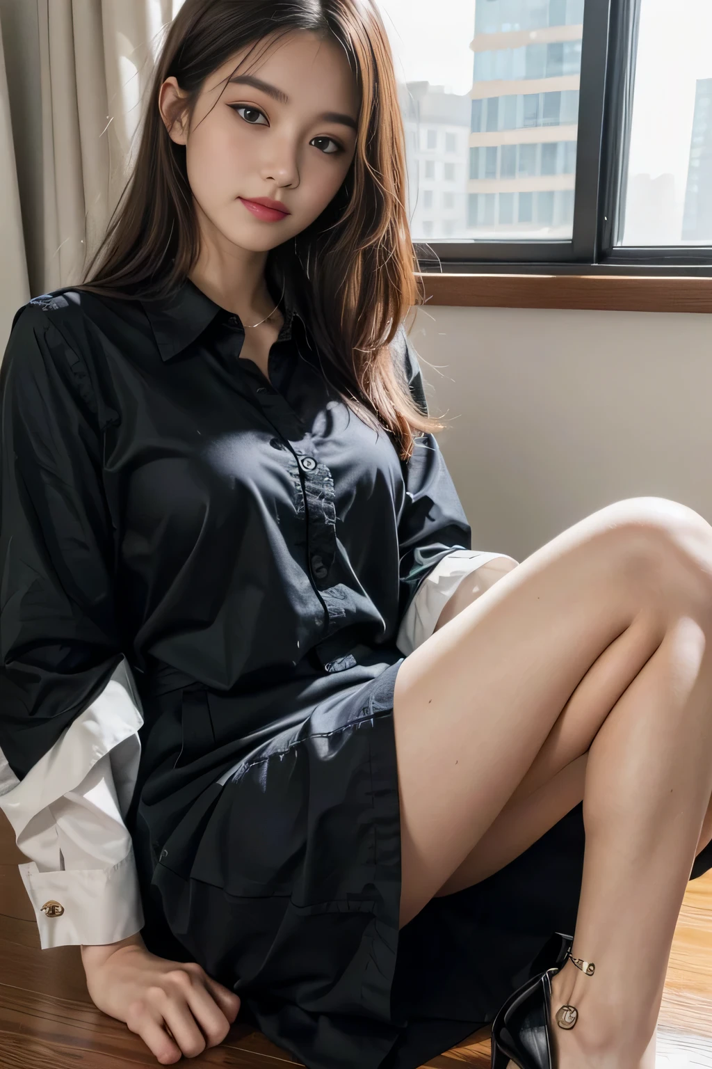 ulzang-6500-v1.1, (RAW photo:1.2), (Photorealistic:1.4), Beautiful detailed girl, Very detailed eyes and face, Beautiful detailed eyes, ridiculous, Incredibly Ridiculous res, hugefilesize, Super detailed, high resolution, Very detailed, Best quality, Masterpiece, kemomimi, ((Japanes girl' high school uniform)), illustration, Very detailed, CG, unified, 8K wallpaper, Amazing, Fine details, Masterpiece, Best quality, Very detailed CG uniform 8k wallpaper, light in face, Cinematic lighting, 1girll, , (()), ((Dynamic pose))), (camel-toe), (Half), (Pantyhose), Sit on the bedroom bed,White pleated skirt,pleatedskirt