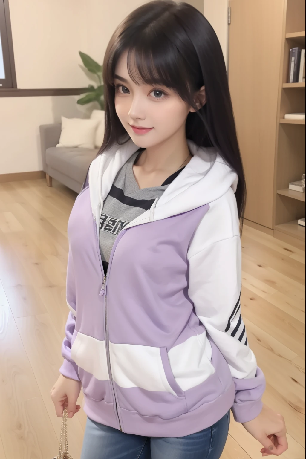 1girl,hinata hyuga,purple clothes,short hair,black hair,long sleeve,white sleeve,hoodie,sit down,look at camera,byakugan,no pupil, realistic,more detail,70mm lens,