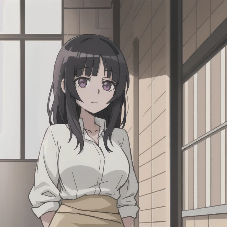 (mejor calidad:0.8) perfect anime illustration, una bonita, Mujer inexpresiva con cabello negro  medio largo y ondulado y  suelto, en el patio de la escuela , usando una camisa ancha 