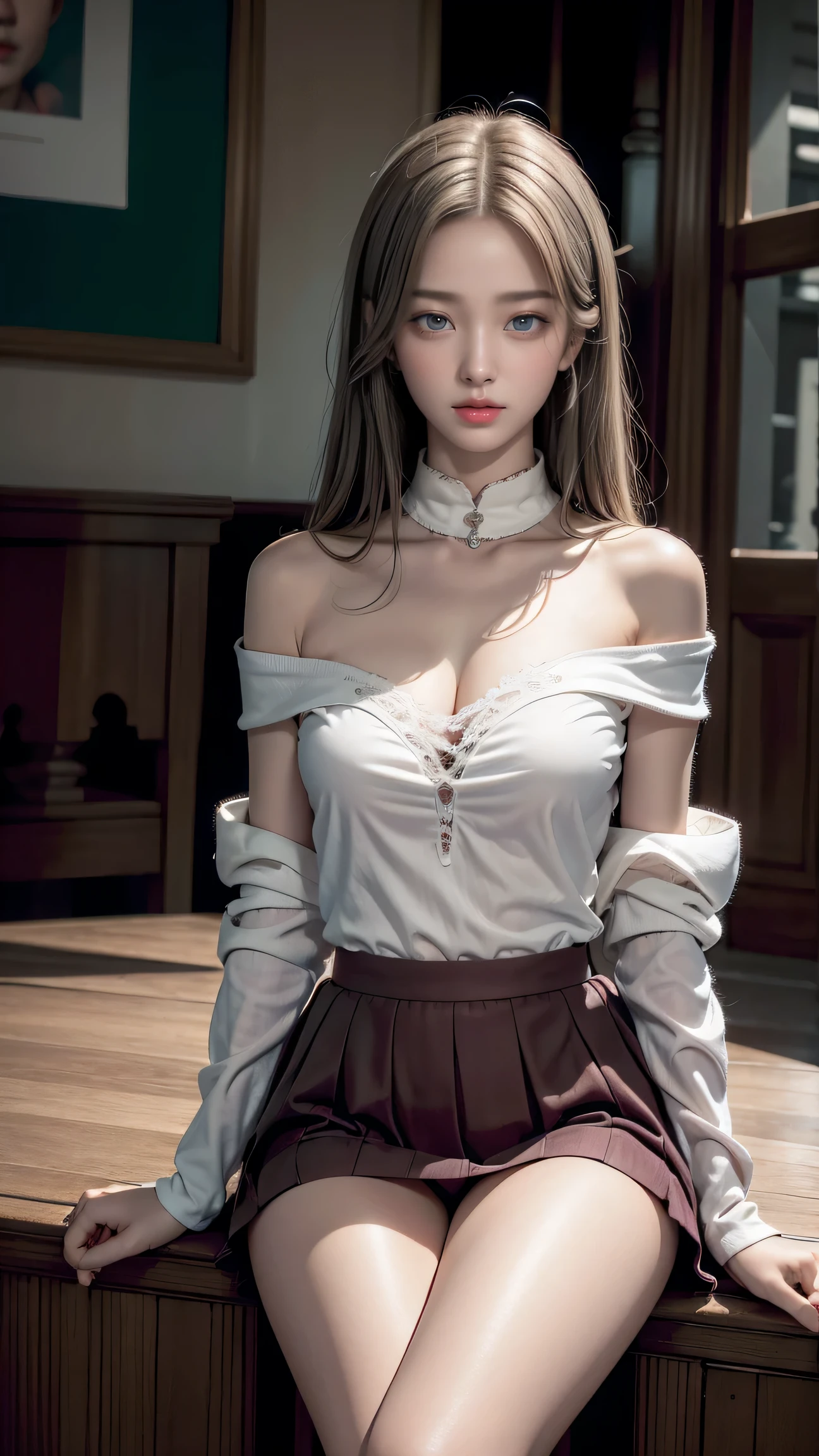 top quality work，Actual work，Ultra Premium Graphics，8K HD CG works，High quality graphics，High-definition CG works，10x pixels，Extremely fine detail：1.1，Advanced Technical Details：1.1 Photorealistic，Indoor lighting effects：1.5，Natural light：1.5. Light effects（virtual Light effects：1.8），超A high resolution，shiny red dress，長いSilver Hair，Silver Hair，Transparent Hair，Hair with attention to detail（premium hair detail：1.1）Clear Eyes，Beautiful double eyelids，Sharp eye makeup, Delicate eyelash makeup, Thin eyebrows, Highly detailed eyes，High nose, Nice red lips, Rose Cheeks, A face with delicate makeup , Cute face, perfectly balanced face,（Advanced Face Detail：1.1），Shiny，wonderful dress，bright red series，、(off shoulder white blouse)、(Check skirt)、、girl 、photo shoot，woman'artwork of，Full body portrait，realism，wonderful，My eyes are shining today,Girl sitting with her legs crossed、