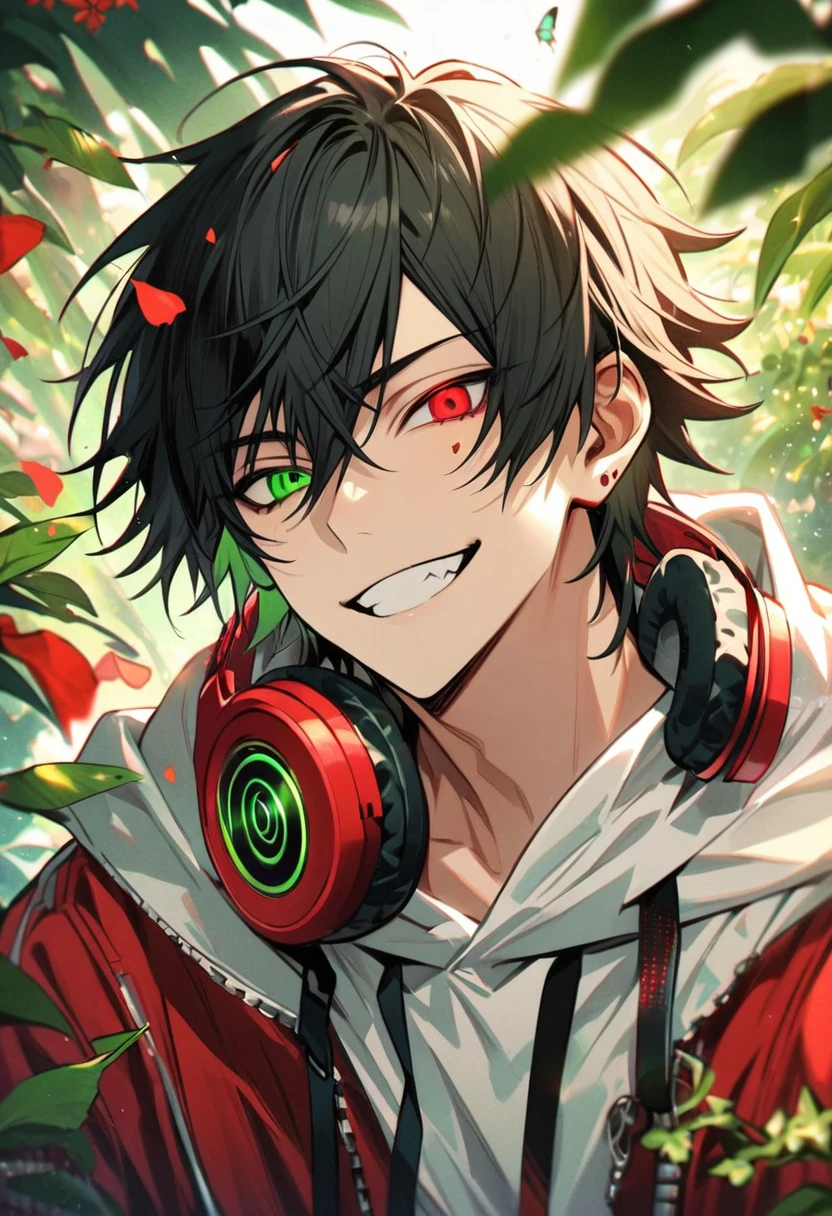 Ultra detailed, Highres, absurdres, Yamada Ichiro, black hair, heterochromia, right green eye, left red eye, red jacket, white hoodie, Hypnosis Mic, Red headphones around his neck, green leaves, summer, petals, butterflies, handsome, grin, 1 man, very detailed face and eyes,