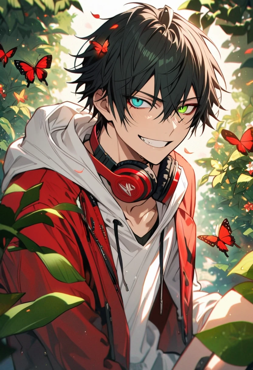 Ultra detailed, Highres, absurdres, Yamada Ichiro, black hair, heterochromia, right green eye, left red eye, red jacket, white hoodie, Hypnosis Mic, Red headphones around his neck, green leaves, summer, petals, butterflies, handsome, grin, 1 man, very detailed face and eyes,