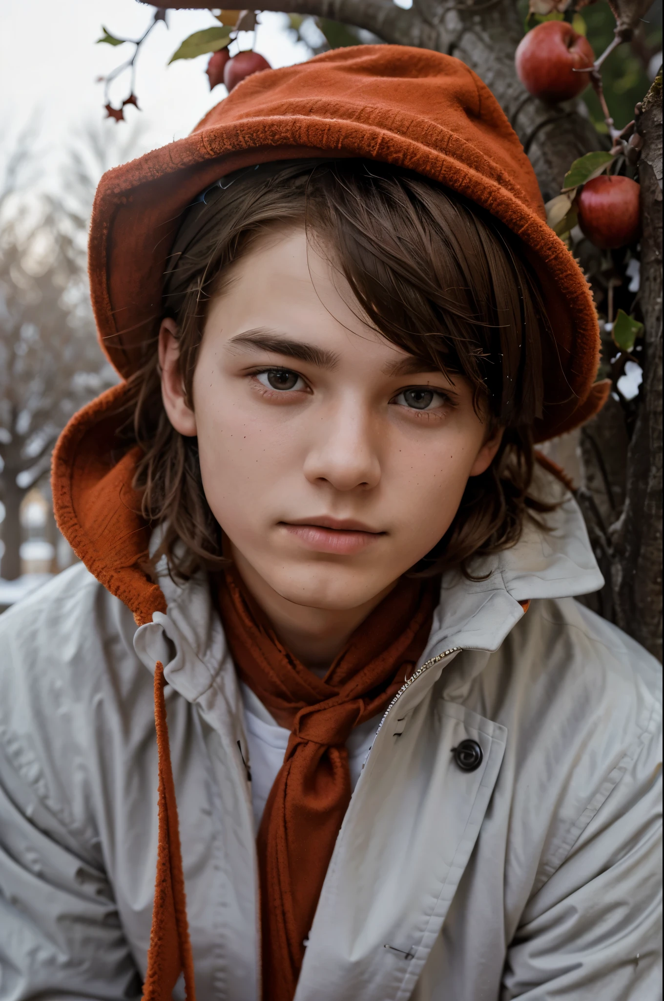 Create a teenage boy sitting against an apple tree in winter with some cuts and dullness on his face. The  was wearing winter clothes complete with a red scarf and a hat that matched his coat. His hair is orange and his eyes look gloomy