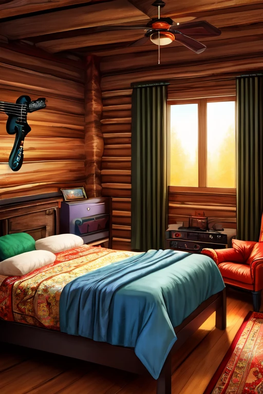 ((best quality)), ((masterpiece)), (detailed), Log Cabin, Bedroom, walls painted persian orange, guitar stand, retro stereo, Imperial style bed, black comforter, dark blue-ish gray comforter, orange accents on comforter, bed next to window, coat rack, sleeveless black leather biker vest, scarlet boxing gloves, black leather boots on side of the bed, soft shading, soft colors, pastel colors, vivid colors