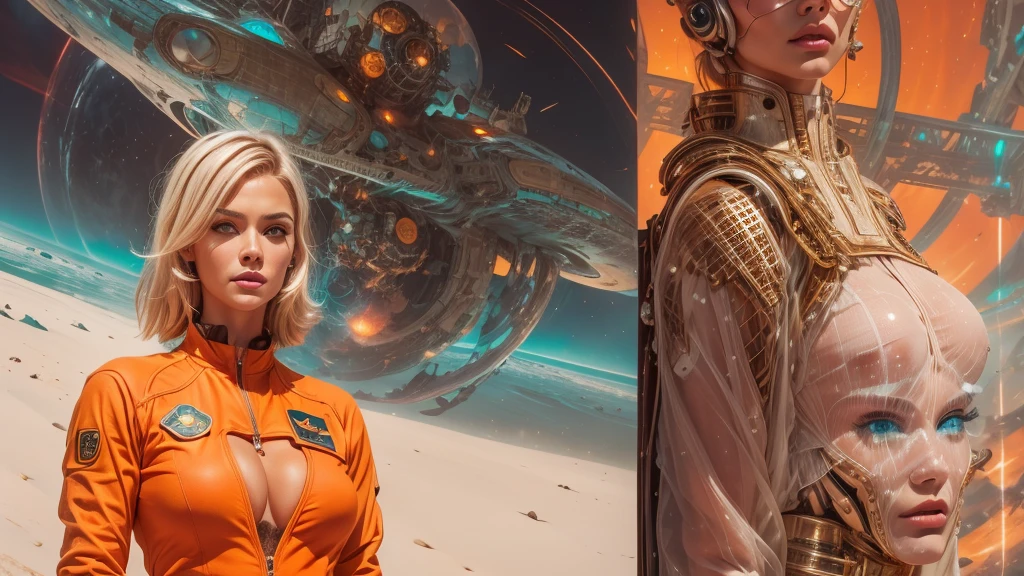 arafed image of a white woman in a futuristic suit with a spaceship in the background, movie art, in front of an orange background, inspired by Robert McGinnis, female protagonist, megastructure in the background, portrait of an ai astronaut, astronauts, an astronaut, portrait of a astronaut skeletor, perfect android girl, detailed eyes, perfectly detailed teeth, frank franzzeta and sakimichan  