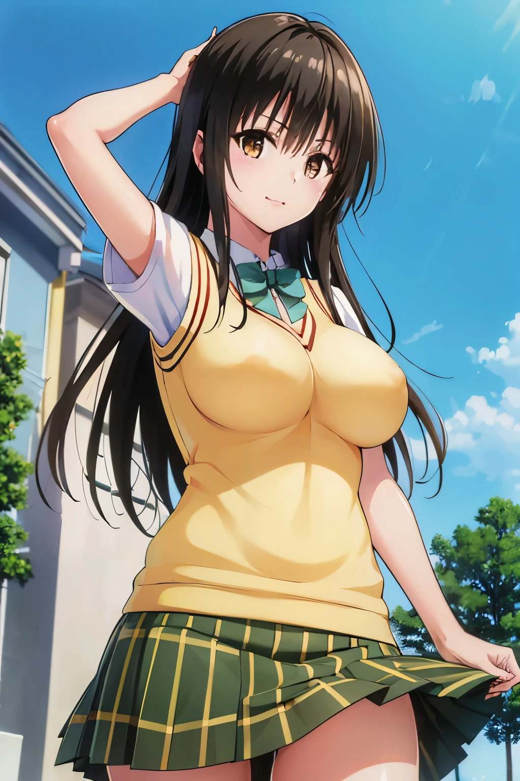 (best quality,masterpiece:1.3),absurdres,highres,8k, ultra high res,  ultra perfect face, perfect hands, 
kotegawa yui, brown eyes, black hair, long hair, (big breasts:1.6), , skirt, sweater vest, looking at viewer, light smile, upper body, 