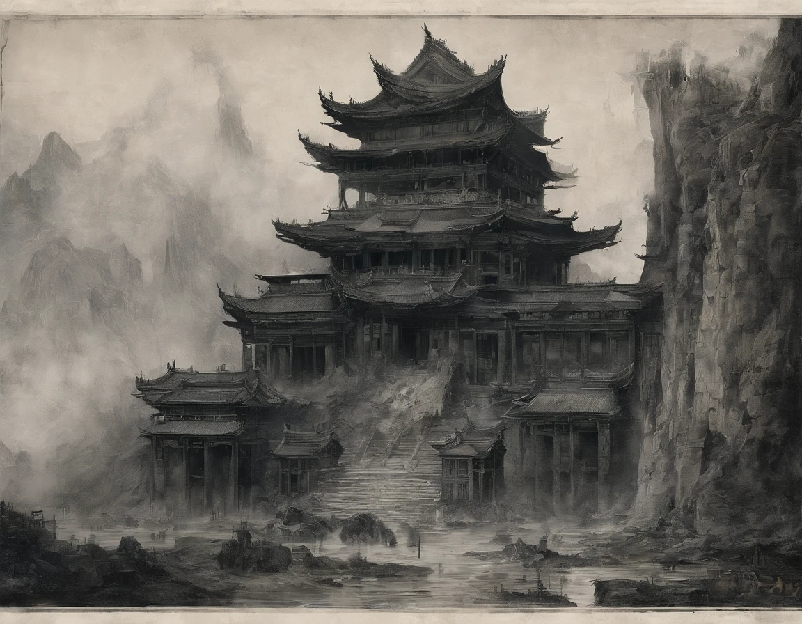 Quaint Han Dynasty style temple，There was an ancient Chinese monk who sat and meditated（closeup cleavage），Meditate，zazen，age-old tree，falling leaf，（Chinese landscape painting style），（Pastel ink painting），（8k wallpaper），（light and shadow effect），rendering by octane，White balance design，Extremely detailed picture depiction，wide angles，depth of fields，tmasterpiece，realisticlying，Beautifully depicted，A detailed，acurate，Works of masters，tmasterpiece