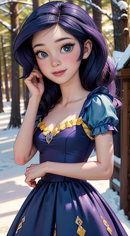 ((best quality)), ((highly detailed)), masterpiece, (detailed eyes, deep eyes), (1girl), dynamic angle, cowboy shot, mlprarity, woman, smile, looking at viewer, ((bright purple hair)), ((blue eyes)), (((wearing a snow white dress))), elegant pose, cleavage, (outdoors, forest), (((dark blue bodice, yellow dress))), woman, sexy, rosy cheeks, medium breasts, realistic proportions