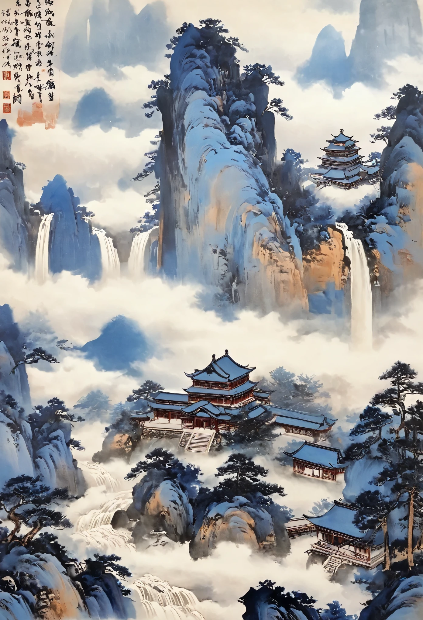 A magnificent landscape painting,meticulous,Inspired by the long rivers and mountains,Fuchun Mountain House Map,Expression techniques of cirrus clouds,Flat illustration,traditional Chinese painting,Chinese landscape painting,old Chinese building,cloud,vertical waterfall on cliff,Vibrant pine trees,fall,Takayama,Black:137,Mineral pigments,Ultramarine,Track gold,Clear outline,roughly,Dry Pull