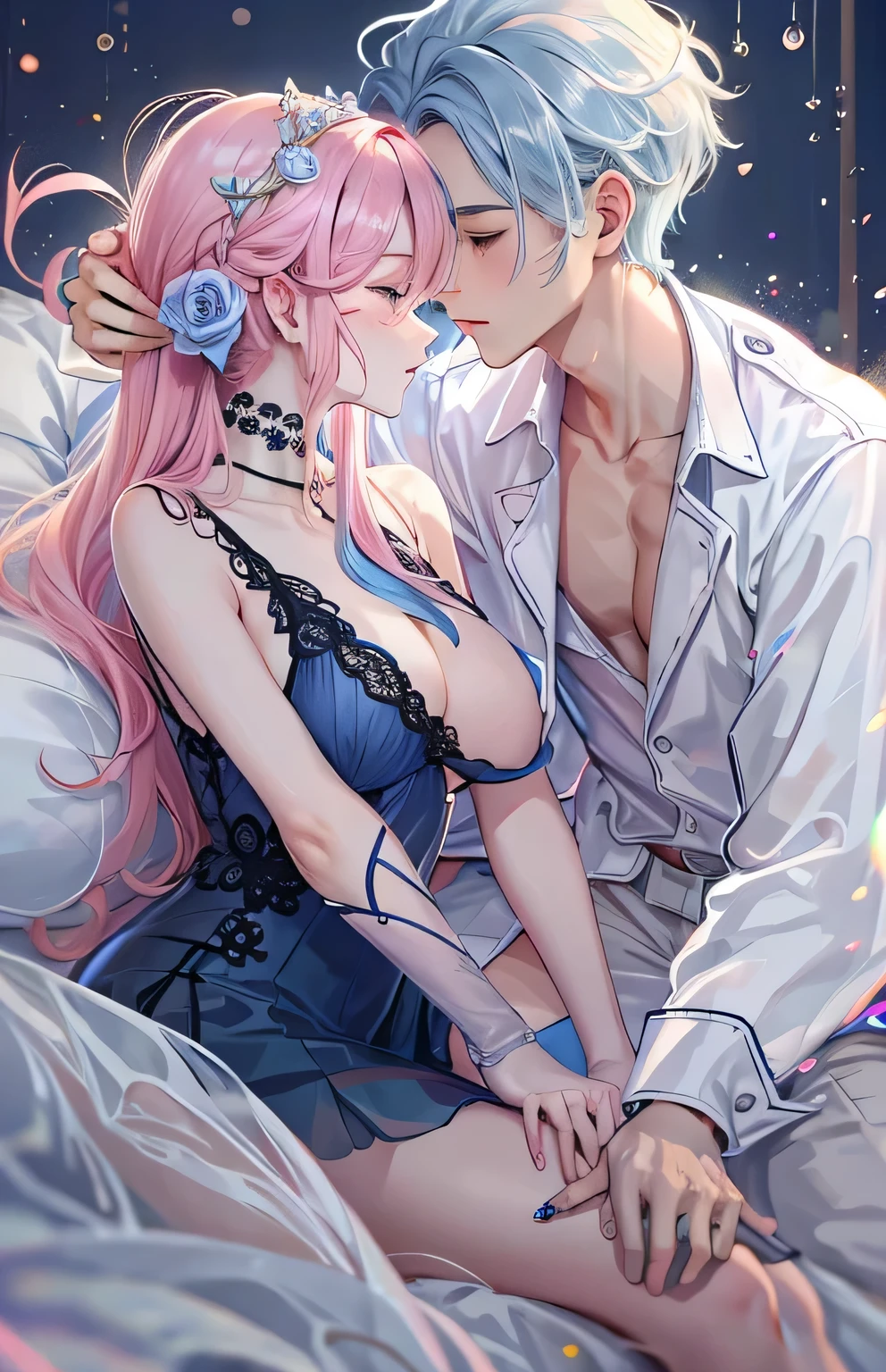 ((highest quality)), ((masterpiece)), (Get used to it), Perfect Face , Couple , 1 male（blue short hair） , 1 female（Pink long hair） , On the bed , kiss , Embrace each other ,