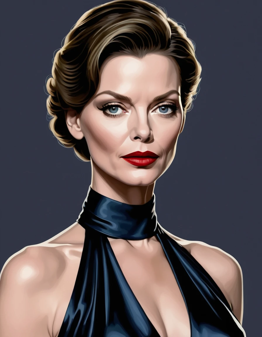 1 woman, [Anne Hathaway:Michelle Pfeiffer:0.4] as Selina Kyle, exudes beauty with her radiant, smooth skin. Her strong, serious demeanor and confident stance convey an air of convincing allure. This captivating portrait is rendered in 4k high-resolution, ensuring every detail is displayed in the best quality. The illustration showcases Selina's determined expression, captivating the viewer's attention with its intricately detailed features.