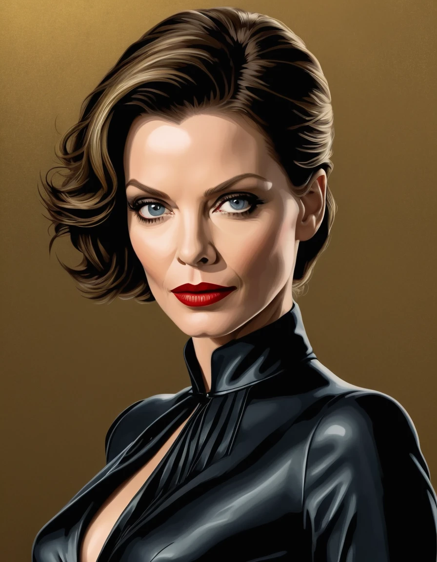 1 woman, [Anne Hathaway:Michelle Pfeiffer:0.4] as Selina Kyle, exudes beauty with her radiant, smooth skin. Her strong, serious demeanor and confident stance convey an air of convincing allure. This captivating portrait is rendered in 4k high-resolution, ensuring every detail is displayed in the best quality. The illustration showcases Selina's determined expression, captivating the viewer's attention with its intricately detailed features.