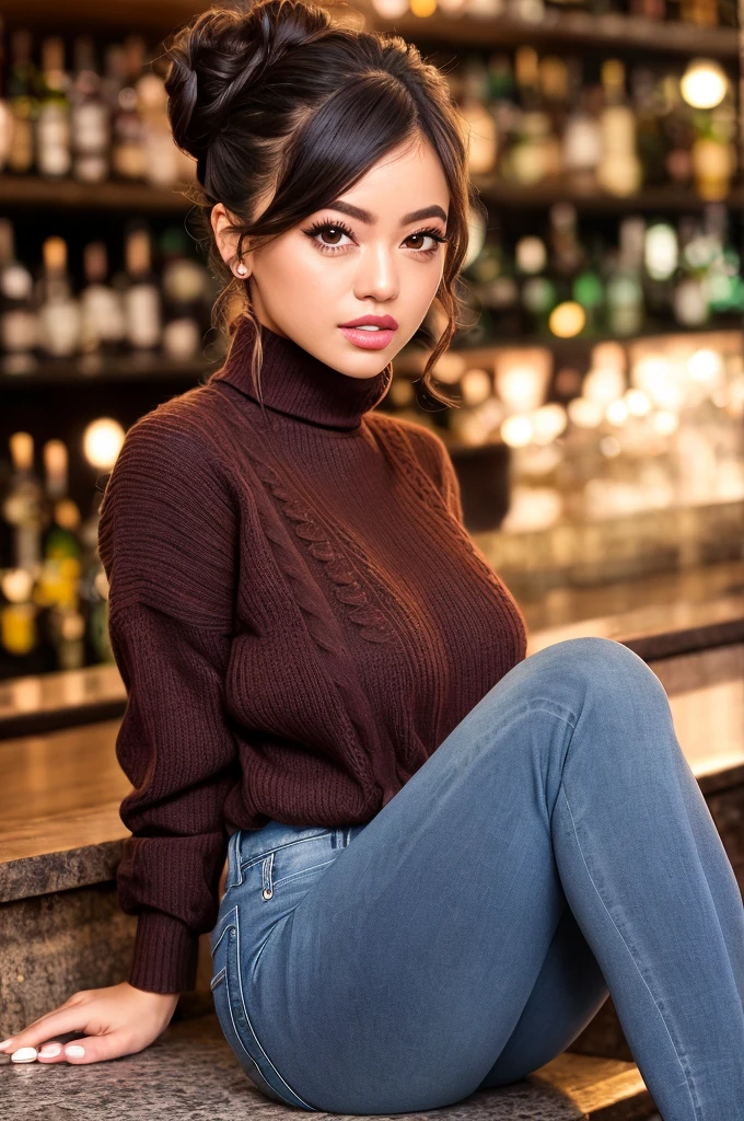 portrait photo of Stormi Maya, ((turtleneck sweater, jeans))  beautiful woman hair updo upsweep nightclub sitting at bar (masterpiece) (best quality) (detailed) (8k) (HDR) (wallpaper) (cinematic lighting) (sharp focus) (intricate)