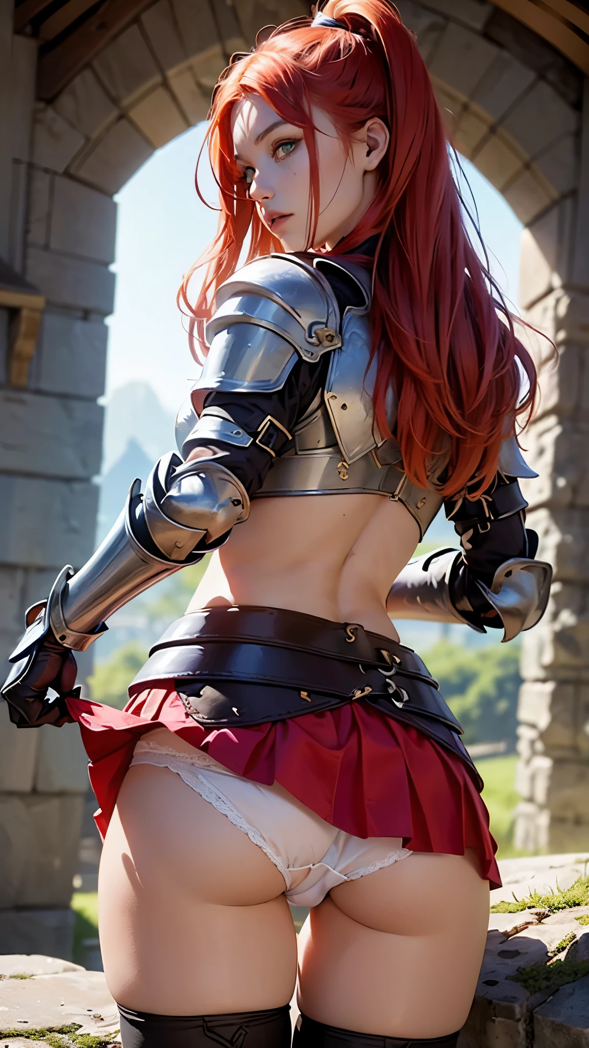 (female warrior: 1.5), (redhead warrior girl: 1.3), 1 girl, solo, pretty girl, young girl, (red hair), (green eyes), thin girl, small breasts, pretty face, slim waist, thin legs , gap between thighs, (knight's armor), (steel breastplate, steel gauntlets, steel gloves: 1.1), (red mini skirt: 1.3), (skirt lift: 1.3), (showing white panties: 1.3), white panties, (thong panties: 1.2), (micro panties: 1.1), tiny panties, (butt: 1.2), back, (looking back), from behind, from below, (cowboy shot), medieval fantasy, Dungeons and dragons, RPG character, best quality, (masterpiece), ultra-realistic, 8k, (At SFW:1.7)