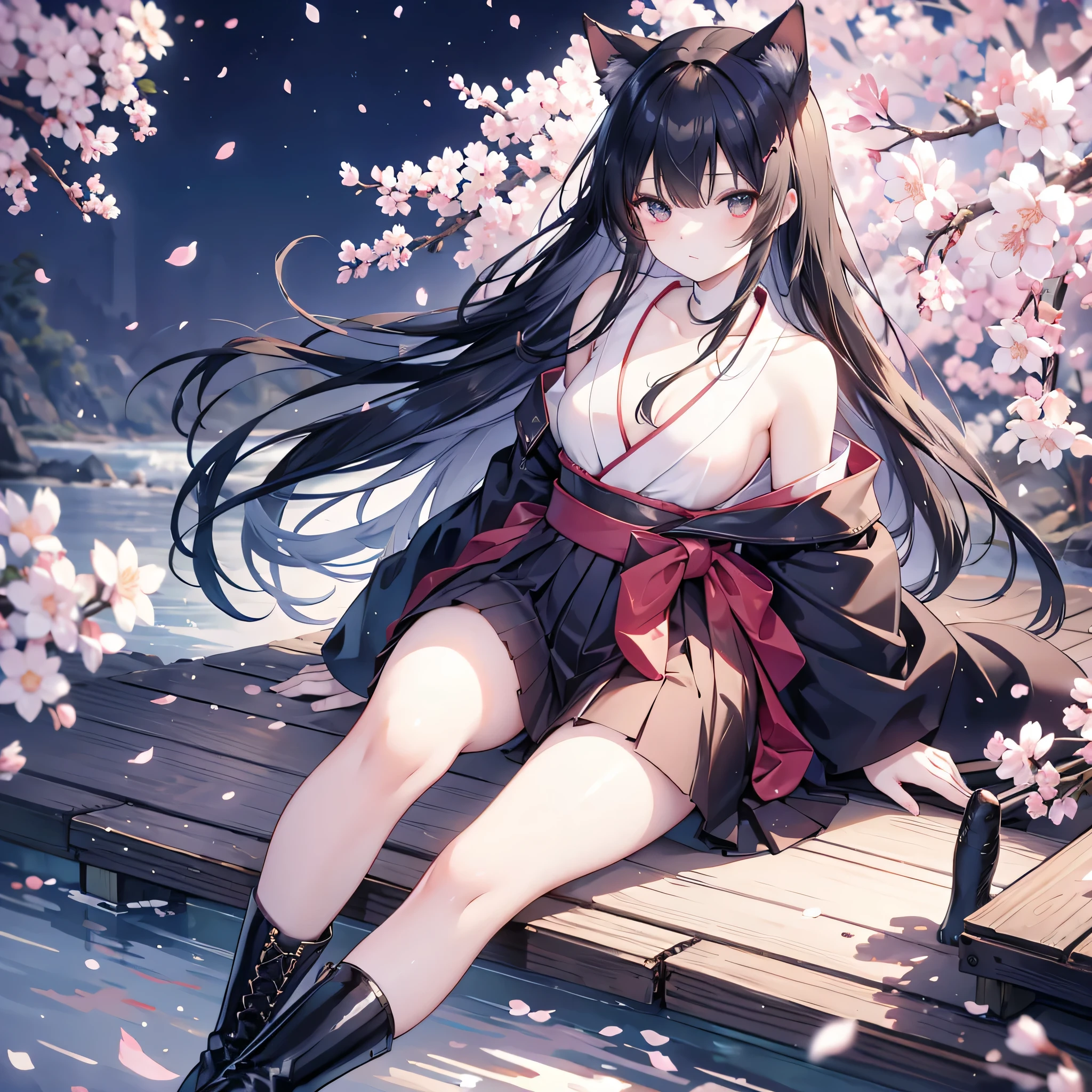 ((hakama)), ((hakama long skirt)), ((boots)), (((touch pussy))), (grabbing own breasts((carefully))), lesbian, yuri, kiss, , (((flat chest))), whole body, full body view, cat ears girl, wearing traditional japanese costumes, girl has (((flat chest))) and black hair, black high socks, the background is set on a moonlit night with cherry blossoms blooming, cherry blossom petals are falling, the full moon shines brightly, Images should be of the highest quality, It has high-resolution and ultra-detailed features, must be realistic and photorealistic style, vibrant colors and bokeh, lighting should emphasize the beauty of the scene, create an enchanting atmosphere