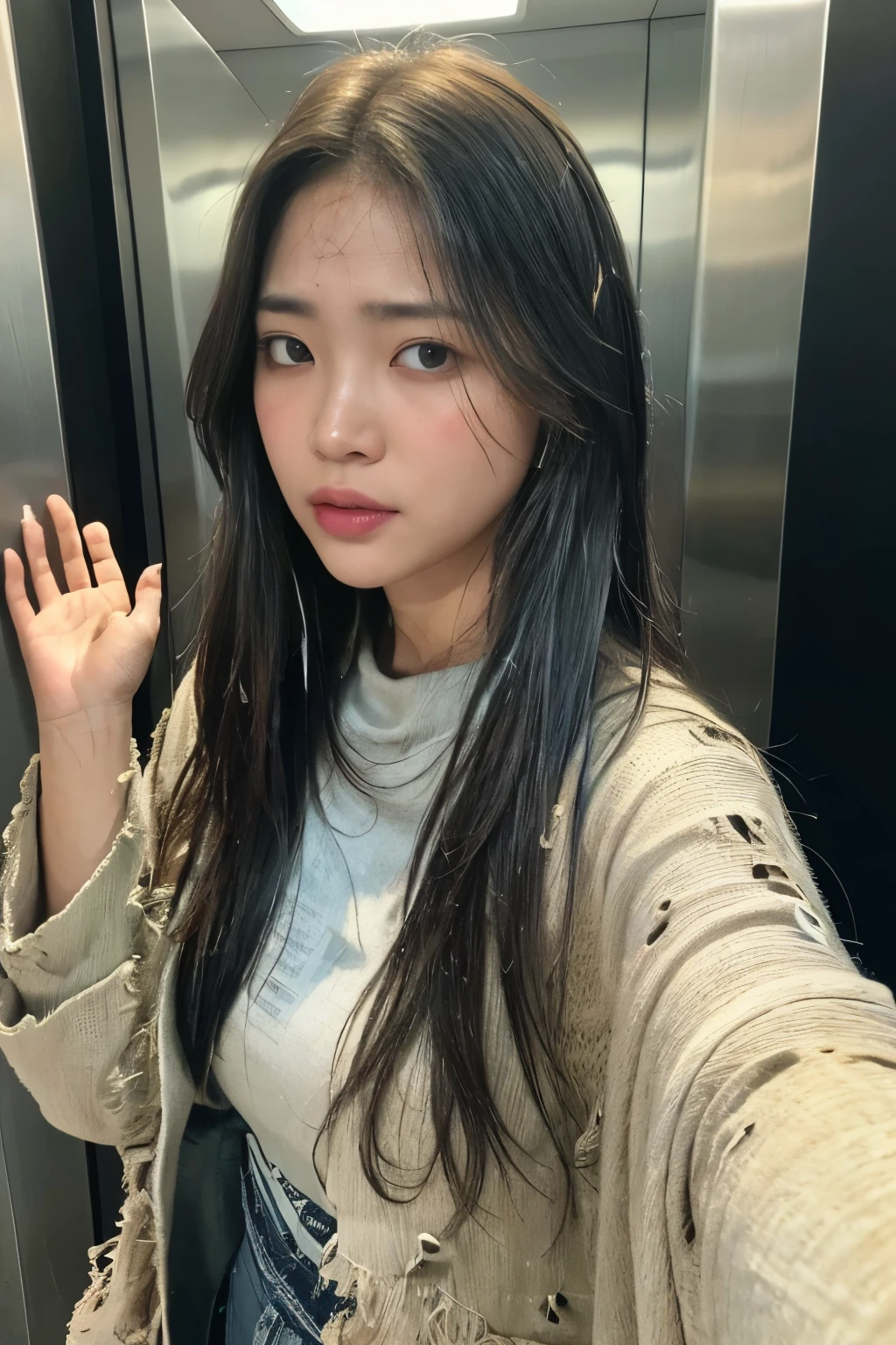 ((Fantasma in the Elevator: 1.3, Best quality, high resolution: 1.3)), One figure, A ghostly apparition: 1.2, (Long, disheveled hair: 1.2), (Haunting eyes: 1.3), Elevator doors opening, reveal dimly lit interior, (Transparent, wet fabric: 1.2 from fantasy world), (Detailed facial and skin texture: 1.5), (Slightly opened mouth: 1.2), (Holding a lantern: 1.1), (Sideways glancing at the viewer: 1.4), (Old, tattered clothes: