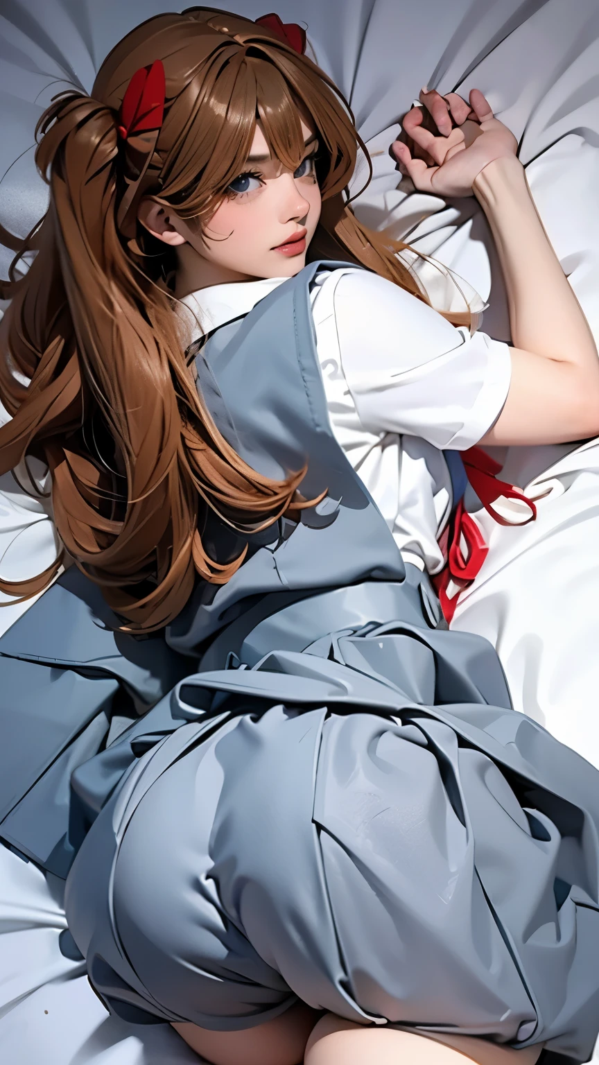 ((highest quality, 8k, masterpiece:1.3, Realistic:1.3)), {{Lying in bed, From above, dakimakura}}, Japanese , Single woman,  very light brown hair, With bangs, (Japanese Uniform, socks, Thick thighs,Save the song on the cotton side), Highly detailed face and skin texture, Beautiful Eyes, Lip details, You&#39;re very good at drawing hair, Facing the children, In the heat, Embarrassed look, Natural Makeup:1.0,Skirt Lift,(Wearing light grey side string full back high leg pants（No ribbon）)、（From the back）、