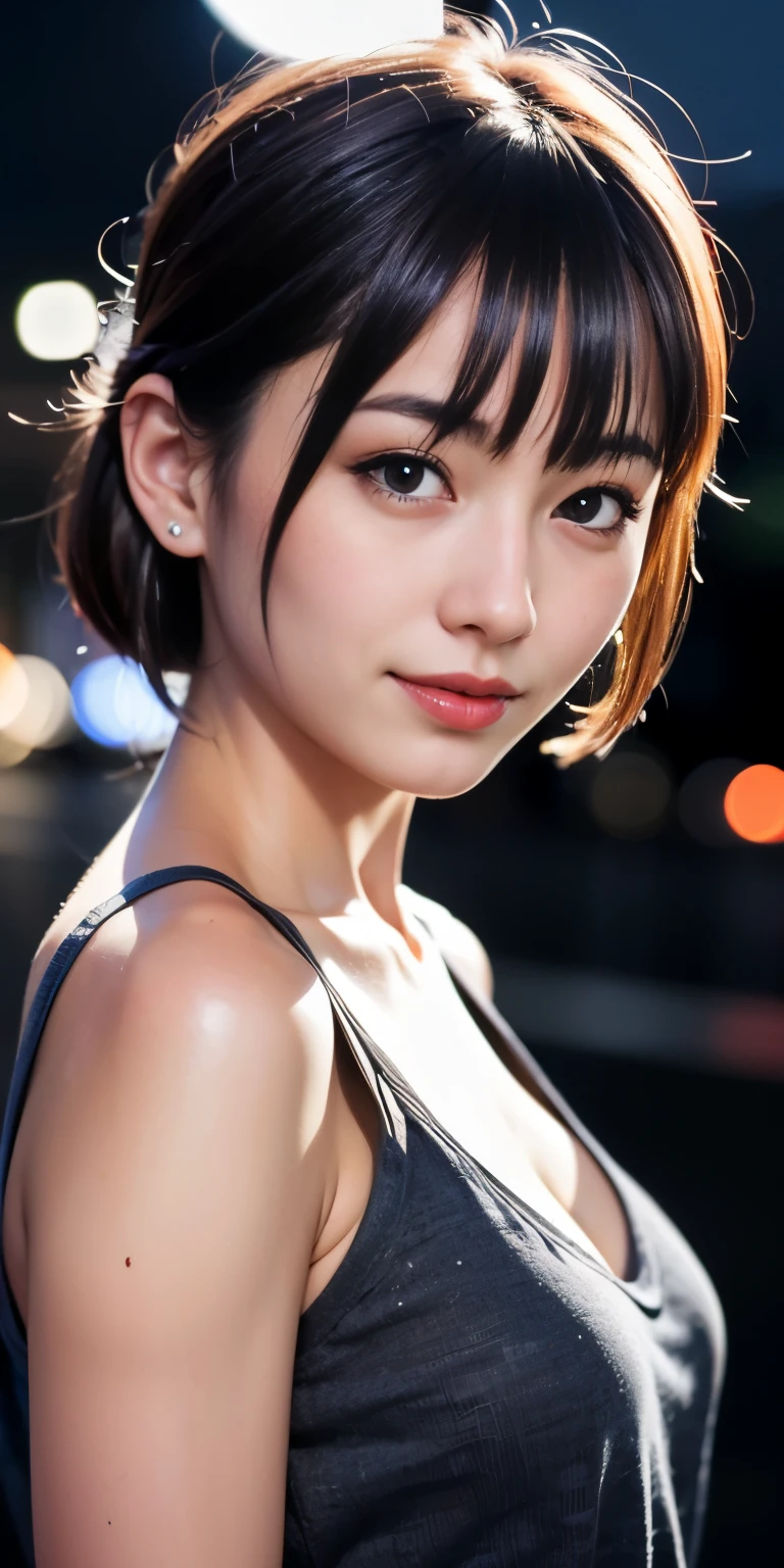 ((anatomically correct, Kissing gesture, Poke out lips, A slight smile)), (masterpiece:1.2, Highest quality), (Beautiful, detailed eyes:1.2, Beautiful skin, Beautiful hair, Beautiful eyes, seductive eyes:1.2), ((Woman)), ((Asymmetrical short hair)), (Highly detailed CG, Super detailed, Best Shadow:1.1), ((Depth of written boundary:1.1)), (Detailed eyes and face:1.3), ((watercolor)), (evening sunset:1.2), beautiful concept figure, (figure:1.1), (Perfect detail:1.1), looking at viewer, Good posture and dignity, From the neck up, natural soft lighting, Highlights in the eyes, Very perfect and beautiful face, close up shot, glossy lips, Bare shoulders, (vibrant colors, vivid colors background:1.2), Laugh mischievously,