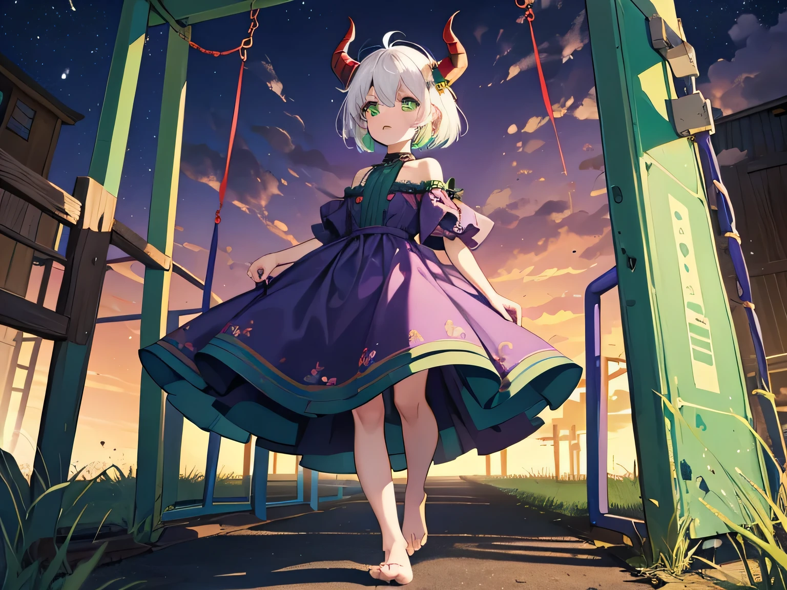 8k, masterpiece, best quality, highly detailed, 1girl, tiefling, big head, chibi, , multicolored hair, white hair, short hair, strippled green hair, mole, demon horns, demon tail, glowing green eyes, glamorous, purple shirt, tealdress, full body view, dress decorate with flower, looking at viewer, bare feet, playground, playing toys, rural area, abaddon playground, nighttime