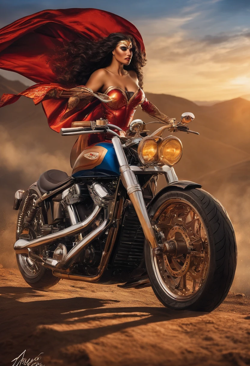(Ultra-detailed,highres,vivid colors)Superwoman,super-confident,strong,beautiful,stands proudly on her shiny (best quality)C8 Corvette[car],gazing into the distance with determination.She wears a (realistic)red and blue superhero suit that accentuates her powerful physique and exudes an aura of strength and authority. Her long,flowing cape flutters in the wind,adding a sense of dynamic motion to the scene. Her (best quality)flowing brunette hair cascades over her shoulders,adding to her majestic appearance. The sunlight gracefully illuminates her radiant face,highlighting her striking features such as her (beautiful detailed)blue eyes and (beautiful detailed)red lips. The sleek design and polished finish of the C8 Corvette,combined with the vibrant colors of the surrounding environment,gives a sense of luxury and power. The (photorealistic)background features a picturesque landscape dotted with tall mountains,resembling a place of tranquility and grandeur. The sky is filled with fluffy white clouds and painted in hues of orange,gold and purple,creating a breathtaking sunset scene. The scene is enhanced by the warm glow of the sunlight,casting long shadows on the ground,highlighting the details of Superwoman and her Corvette. The scene is an epitome of strength,confidence,and the pursuit of excellence.