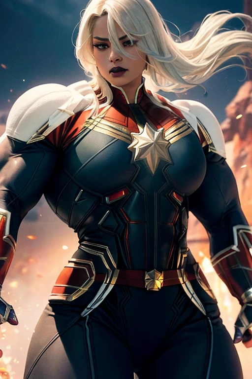 ((((Massive, beautiful, buff, light brown skinned muscular woman with white hair, black lipstick, ginormous bulky muscles, flying and wearing a white captain marvel costume with pants)))), close view, (massive muscle), (massive biceps), ((long straight white hair)), blue eyes, hero gloves, spiked gauntlets, hero boots, in the void of space, confident smile,