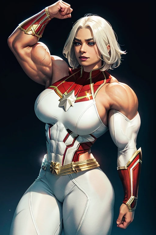 ((((Massive, beautiful, buff, light brown skinned muscular woman with white hair, black lipstick, ginormous bulky muscles, flying and wearing a white captain marvel costume with pants)))), close view, (massive muscle), (massive biceps), ((long straight white hair)), blue eyes, hero gloves, spiked gauntlets, hero boots, in the void of space, confident smile,