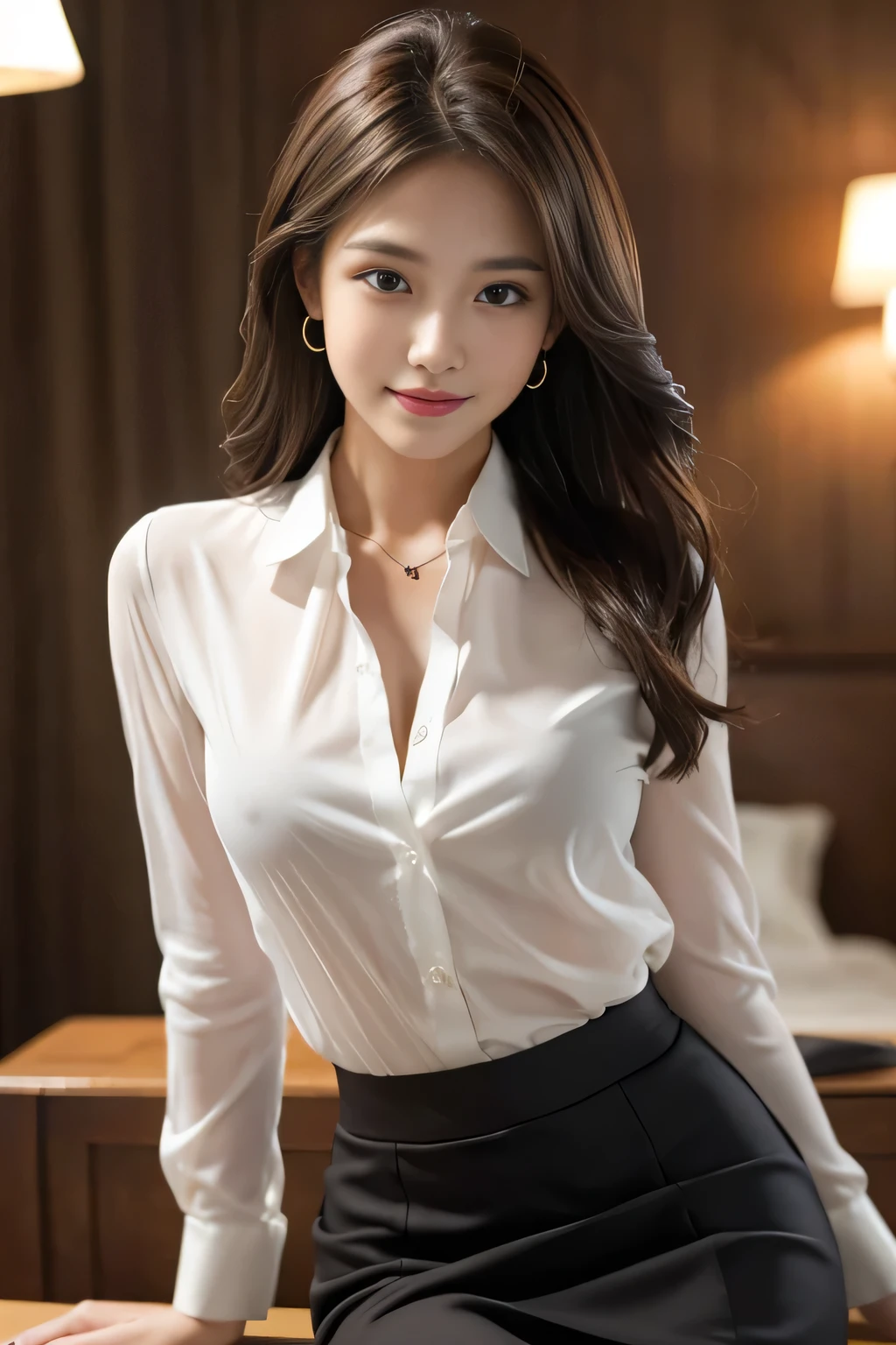 Tabletop, highest quality, Realistic, Very detailed, finely, High resolution, 8k wallpaper, One beautiful woman,, Light brown messy hair, He is wearing a black see-through dress shirt with an open collar...., Sharp focus, Perfect dynamic composition, Beautiful and detailed, Thinning hair, Detailed Realistic skin texture, smile, Close-up portrait, Model Body Type、president'secretary、mini skirt、High heels、