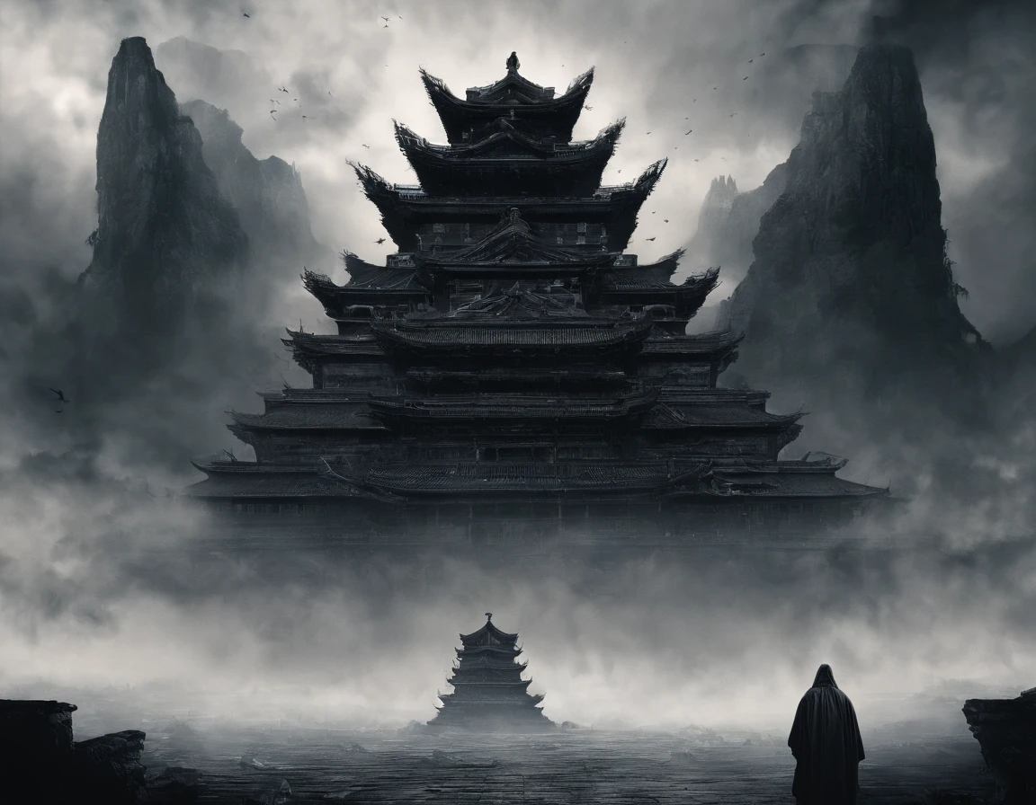 A solemn temple of darkness,Grandiose feeling,majestic architecture,imposing architecture,火焰