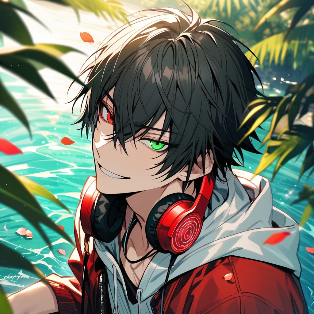 Ultra detailed, Highres, absurdres, Yamada Ichiro, black hair, heterochromia, right green eye, left red eye, red jacket, white hoodie, Hypnosis Mic, Red headphones around his neck, green leaves, summer, petals, water, handsome, gsmirk, 1 man