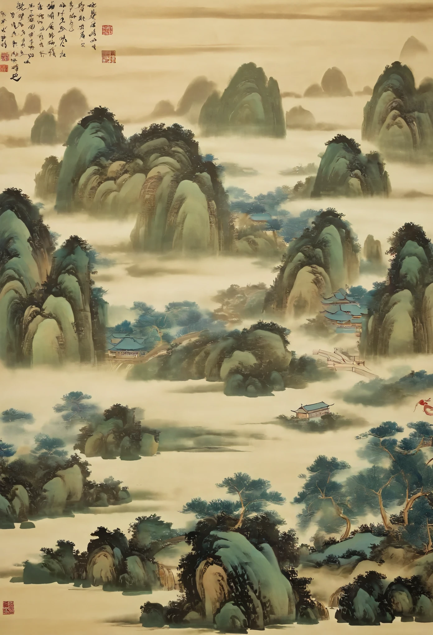 landscape,Imitating Wang Ximeng's A Thousand Miles of Rivers and Mountains,Silk cloth,Chinese