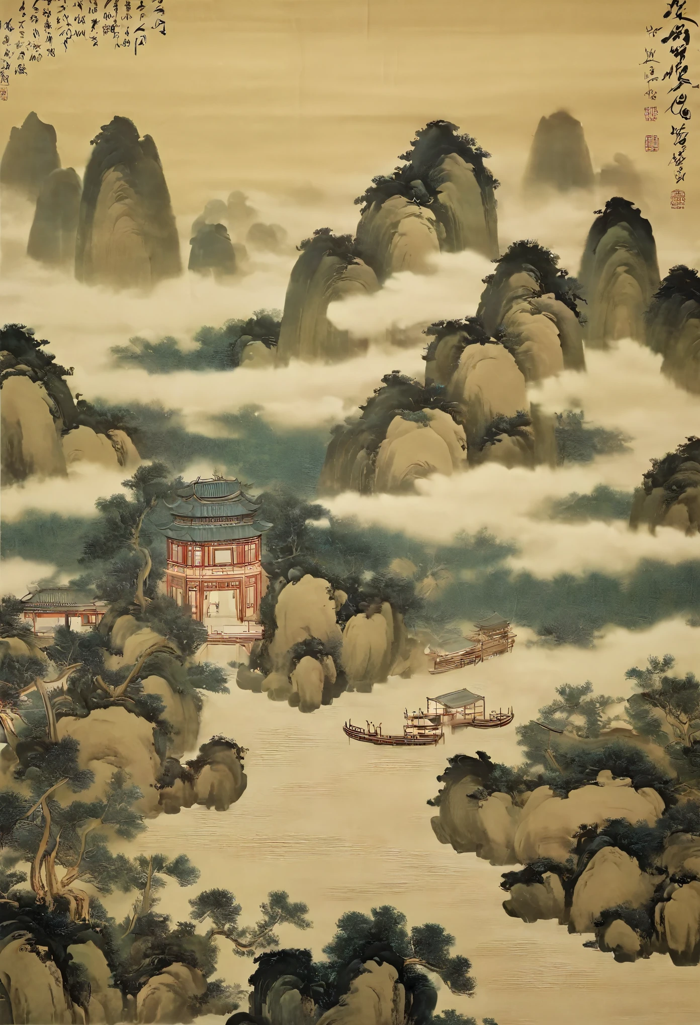 landscape,Imitating Wang Ximeng's A Thousand Miles of Rivers and Mountains,Silk cloth,Chinese