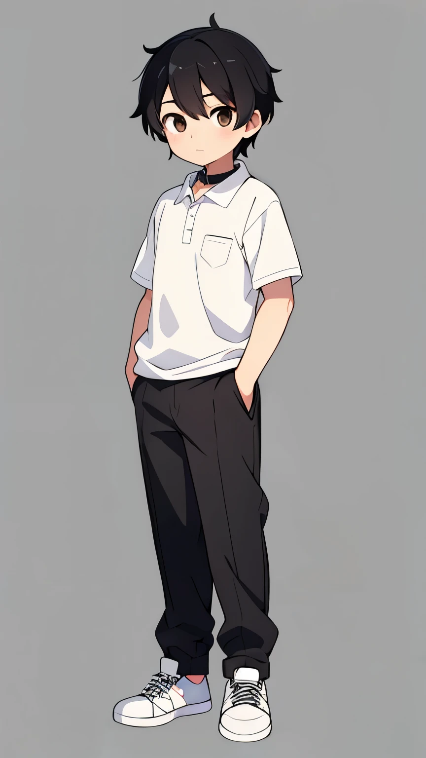 A normal 14 year old boy,Black Hair,Brown eyes,Gentle expression,White shirt with collar,Gray slacks,feet are sneakers,Full body view,Character portrait