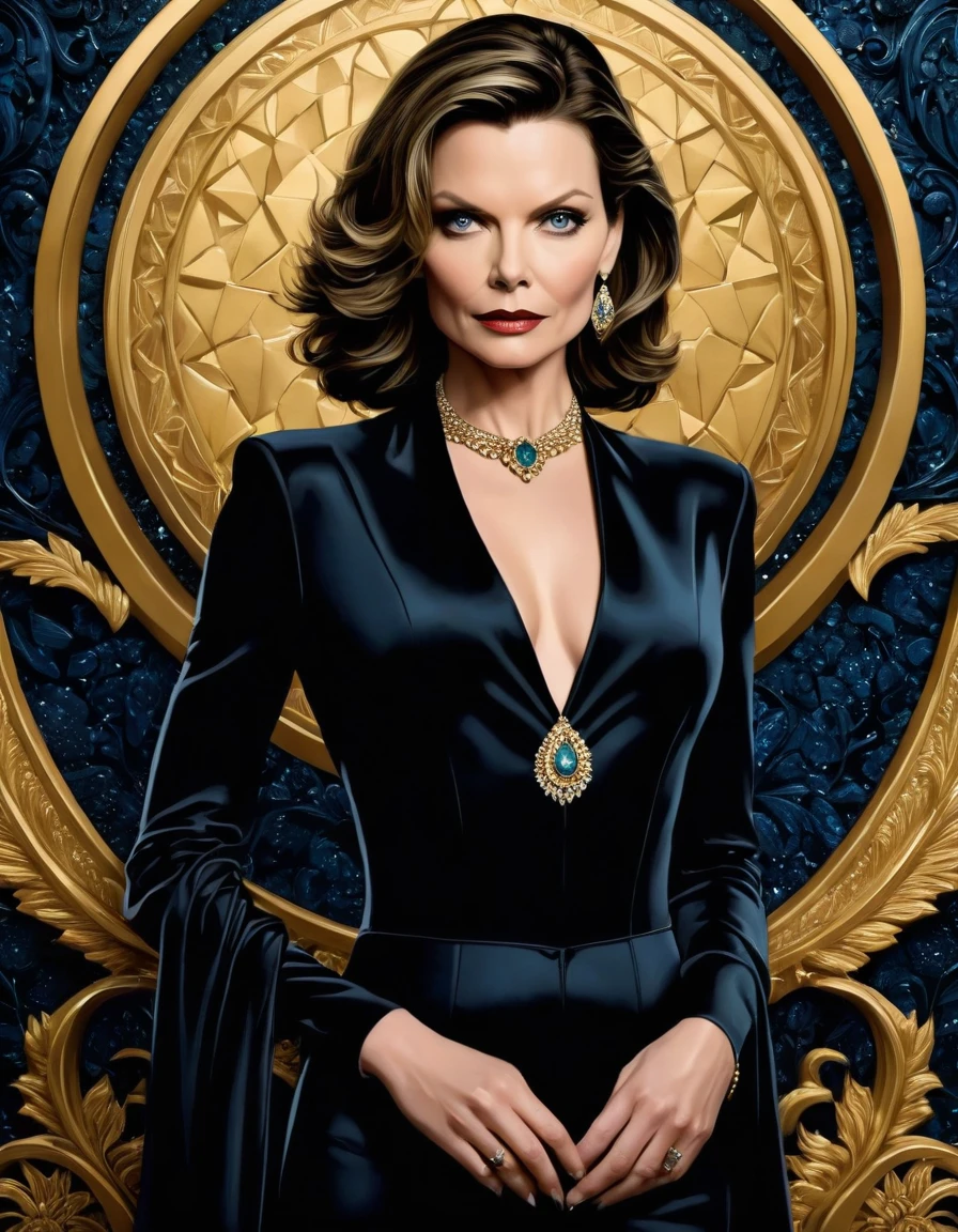 24 yo 1woman, [Anne Hathaway:Michelle Pfeiffer:0.4] as Selina Kyle, exudes beauty with her radiant, smooth skin. Her strong, serious demeanor and confident stance convey an air of convincing allure. insanely detailed Lavish Elegant and Luxurious Jewelry background. This captivating portrait is rendered in 4k high-resolution, ensuring every detail is displayed in the best quality. The illustration showcases Selina's determined expression, captivating the viewer's attention with its intricately detailed features.