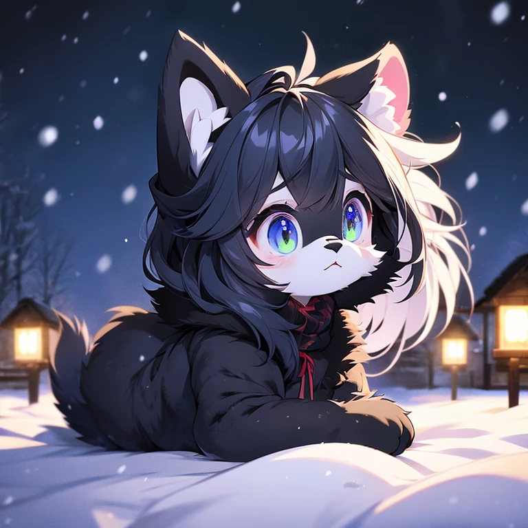 Little black cat furry，Melancholy，Snow，Northern Lights