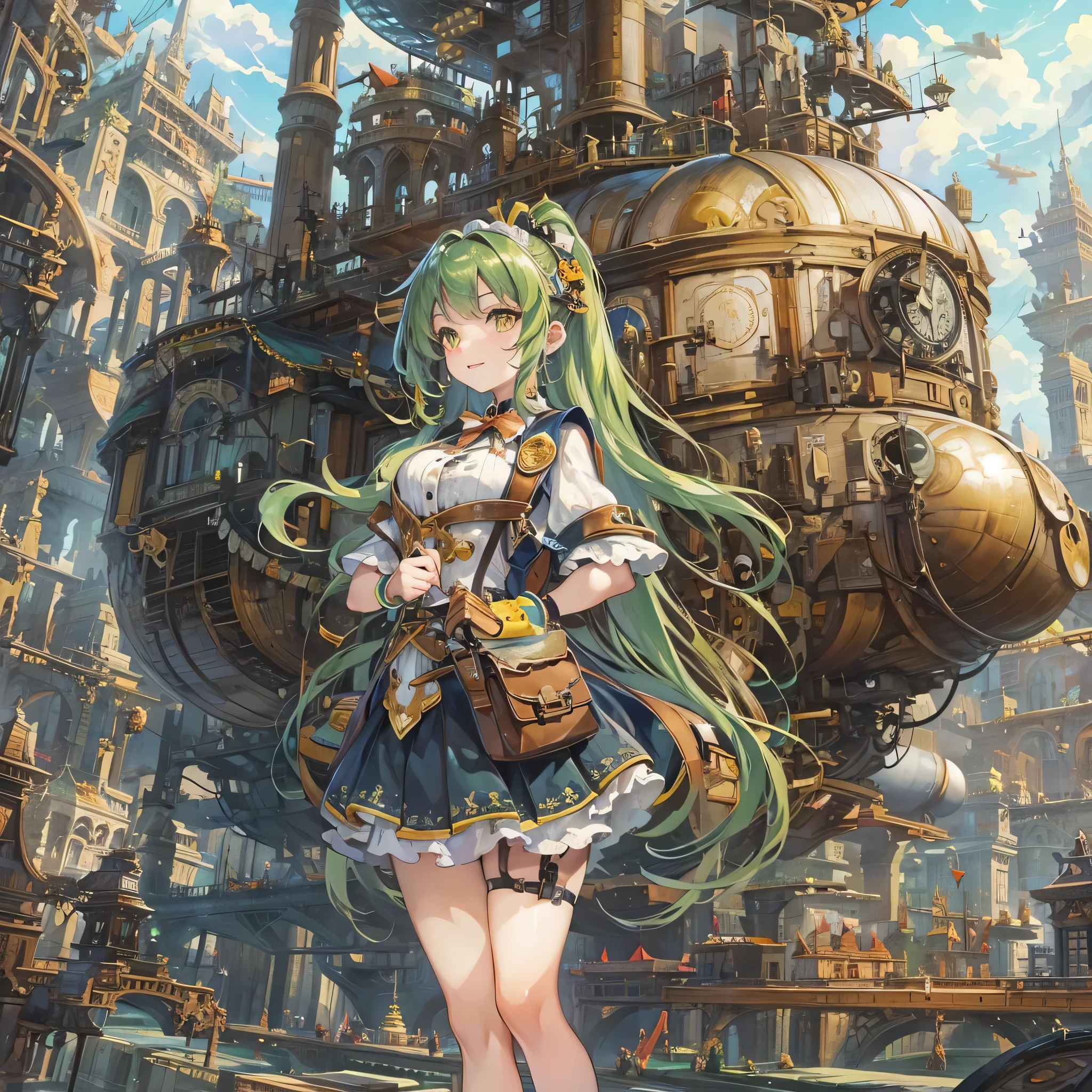 perfect anatomy, masterpiece:1.4, highres, 16k, (detailed mechanical:1.4 city, filled with steam:1.3) (in the steampunk:1.5 city), ((the background biggest Mechanical airship)), break, (traveller style)
(from-side profile, wide-angle:1.3) (solo:1.3 ponytail green hair long hair cute girl), (( yo)), (cute yellow eyes, love:1.2 smile), break, (in a summer maid ribbon suit, pretty skirt), (have a Travel bag).