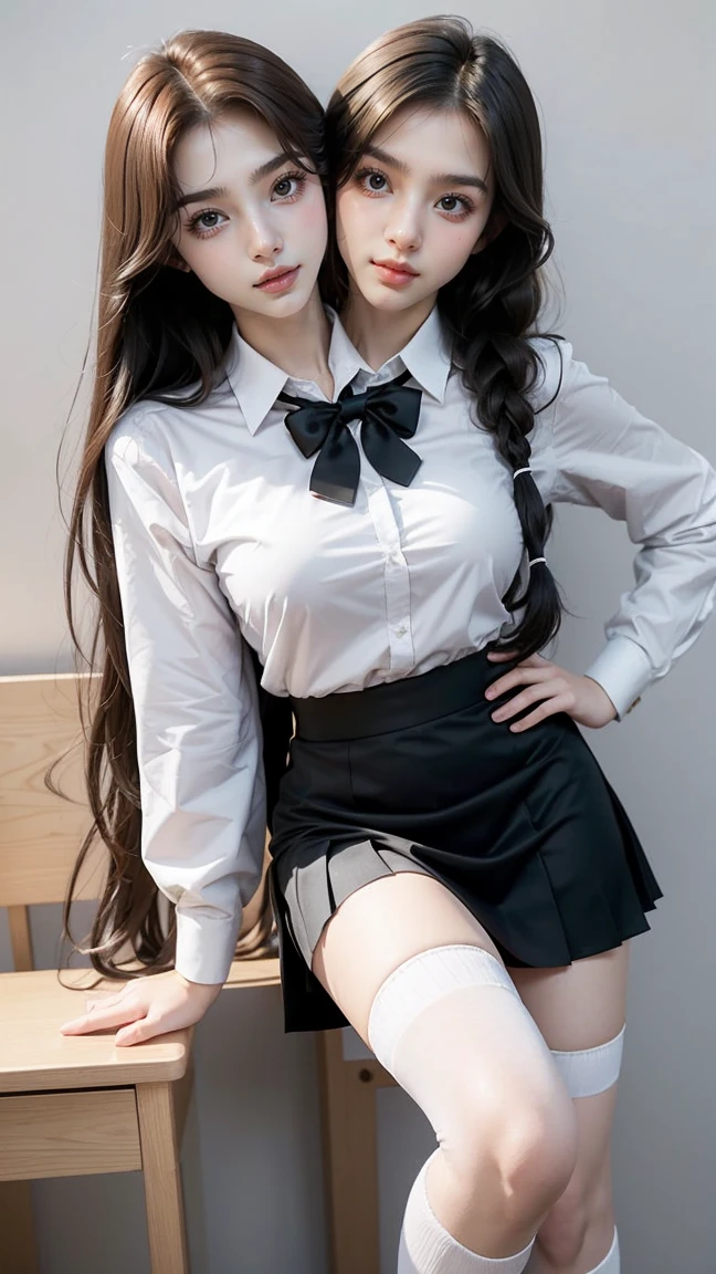 best resolution, 2 heads, Australian model girl two heads, 19 years old, youthful, wearing a white shirt and black skirt posing for a picture, age female , wearing skirt and high socks, wearing school uniform, , white shirt and grey skirt, cute , wearing a , of a posing, girl wearing uniform, knee high socks, school girl, dressed magical school student uniform, braided hair, blonde hair, red hair, black hair, different hair colors, full body shot