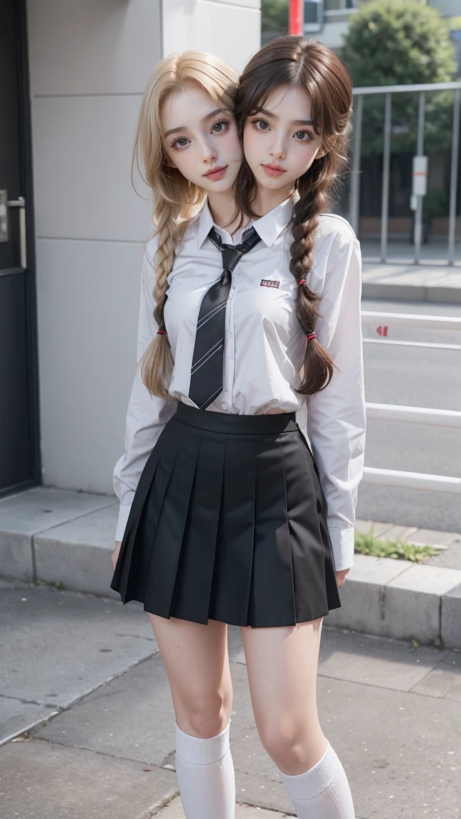 best resolution, 2 heads, Australian model girl two heads, 19 years old, youthful, wearing a white shirt and black skirt posing for a picture, teenage female , wearing skirt and high socks, wearing school uniform, , white shirt and grey skirt, cute , wearing a , of a  posing, girl wearing uniform, knee high socks, school girl, dressed magical school student uniform, braided hair, blonde hair, red hair, black hair, different hair colors, full body shot