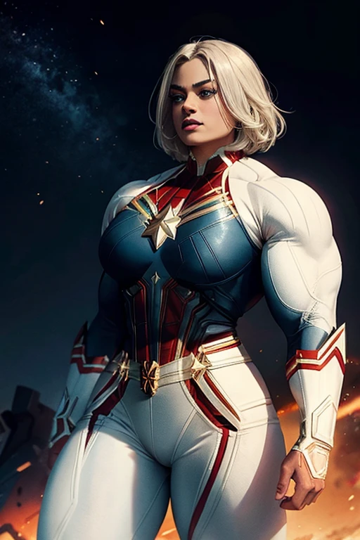 ((((Massive, beautiful, buff, light brown skinned muscular woman with white hair, black lipstick, ginormous bulky muscles, flying and wearing a white captain marvel suit with pants)))), close view, (massive muscle), (massive biceps), ((long straight hair)), blue eyes, hero gloves, spiked gauntlets, hero boots, in the void of space, confident smile,