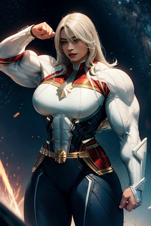 ((((Massive, beautiful, buff, light brown skinned muscular woman with white hair, black lipstick, ginormous bulky muscles, flying and wearing a white captain marvel costume with pants)))), close view, (massive muscle), (massive biceps), ((long straight white hair)), blue eyes, hero gloves, spiked gauntlets, hero boots, in the void of space, confident smile,
