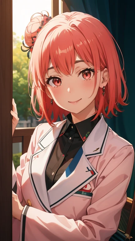 mesa, alta calidad, mejor calidad, high resolution, 4k, High Definition, Beautiful lighting,1 chica en, cabello corto, cabello rosado, ojos rosados, Yui, bun,uniforme de secundaria sobu, Blazer negro, Camisa blanca, falda a cuadros con lazo rojo, una sonrisa、mira al espectador、Japanese、rubor rojo、avergonzado