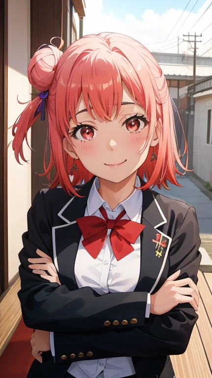 mesa, alta calidad, mejor calidad, high resolution, 4k, High Definition, Beautiful lighting,1 chica en, cabello corto, cabello rosado, ojos rosados, Yui, bun,uniforme de secundaria sobu, Blazer negro, Camisa blanca, falda a cuadros con lazo rojo, una sonrisa、mira al espectador、Japanese、rubor rojo、avergonzado