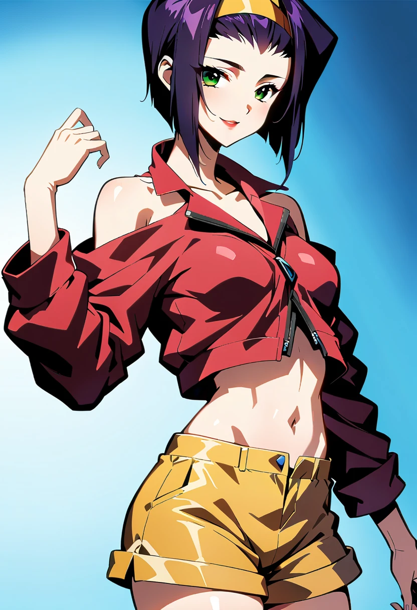 (anime artwork, Anime Style, Studio Anime, Very detailed, up to date, Vibrant, Anime Coloring, High Contrast, masterpiece:1.2, highest quality, Best aesthetics), Cowboy Bebop_Artistic, Faye Valentine, 23 year old woman, (Purple Hair, short hair, Green Eyes), (Yellow headband, Yellow sleeveless shirt, Cropped tops:1.2), (Red jacket:1.2), Expose your shoulders:1.4, (Yellow hot pants:1.4), (White boots), (Dynamic Angle), Simple Background, Plain background.